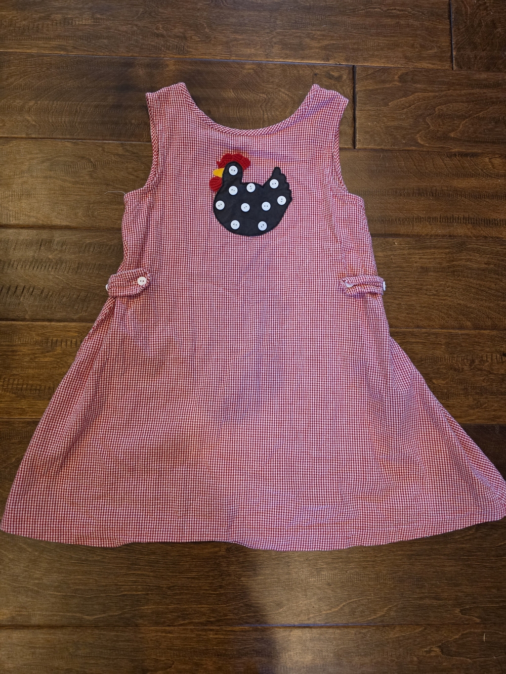 Red Gingham Sleeveless Kids Dress with Playful Chicken Appliqué